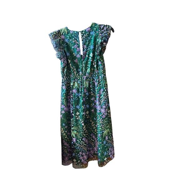 Maggie London Green Floral Embroidered Ruffle Sleeveless A-Line Midi Dress 10 - Picture 5 of 10